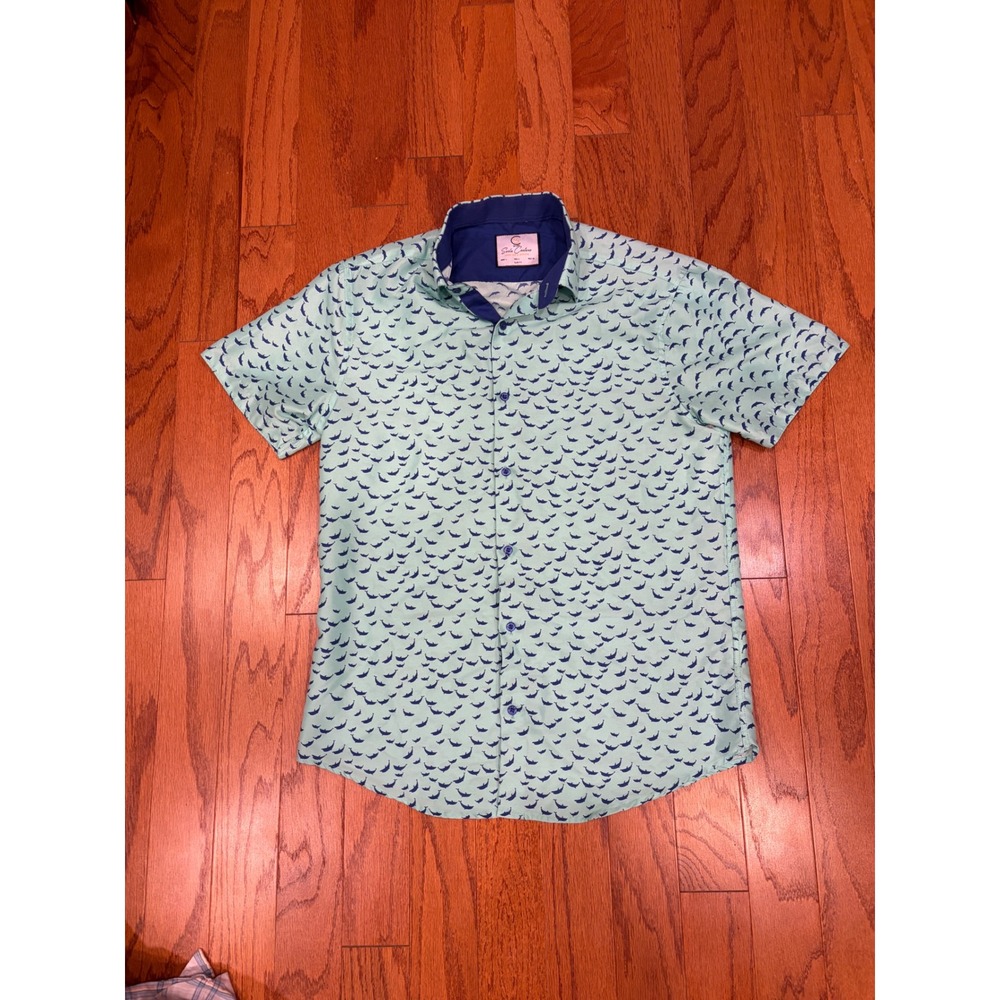 Suslo Couture‎ Mens Slim Fit Dolphin Print Short Sleeve Button Down Shirt Large